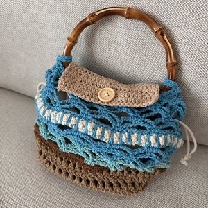 Handmade Crochet Handbag Crossbody Shoulder Bag Blue Beige With Bamboo Handle